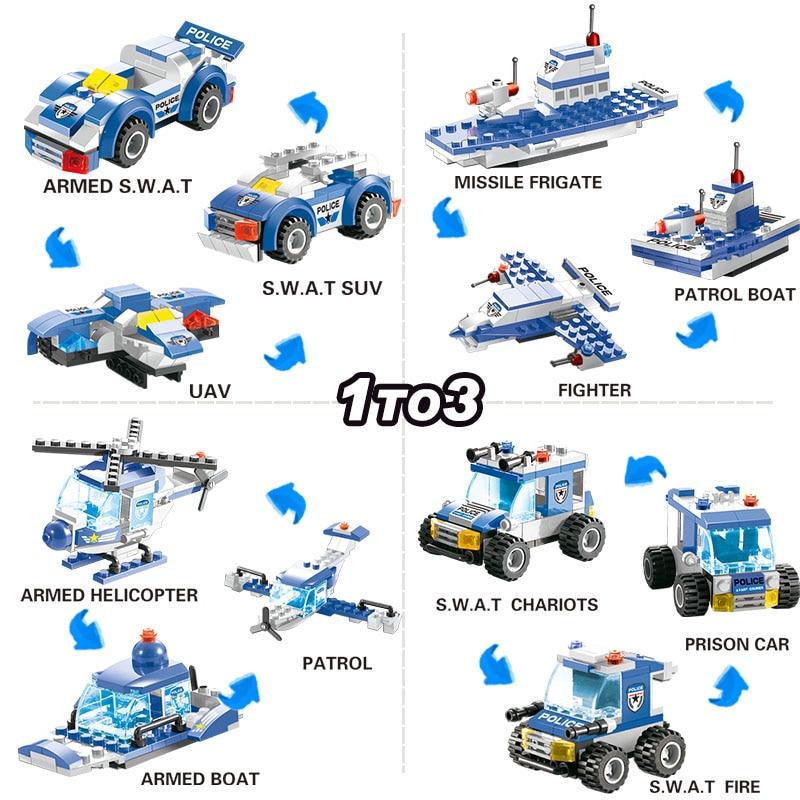 8 IN 1 City Police Truck Station Building Block Series SWAT Toy Gift For Kids