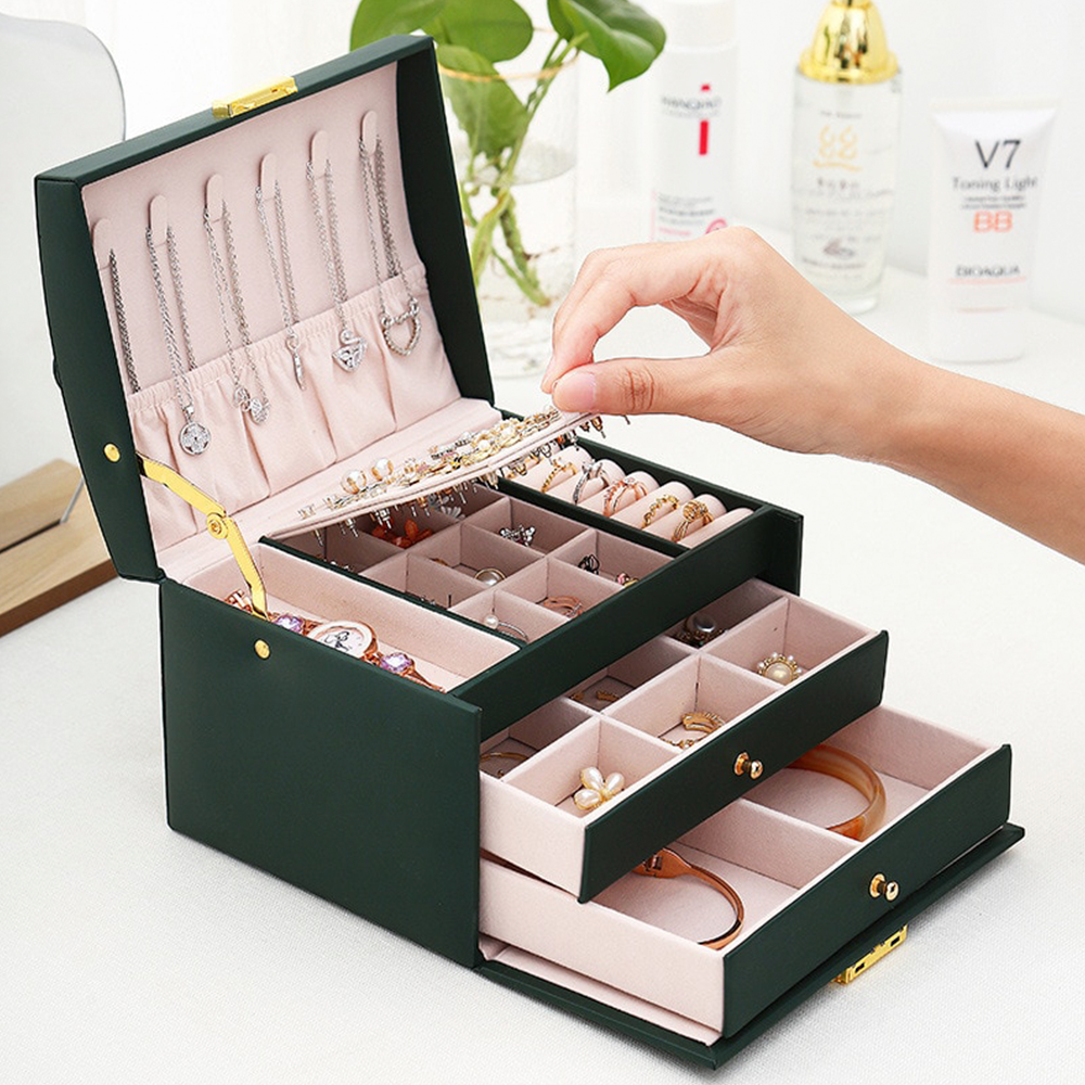 Large Jewelry Earing and Necklace Box Storage Holder Organizer for Women and Guys Case Stand with Drawers and Lock