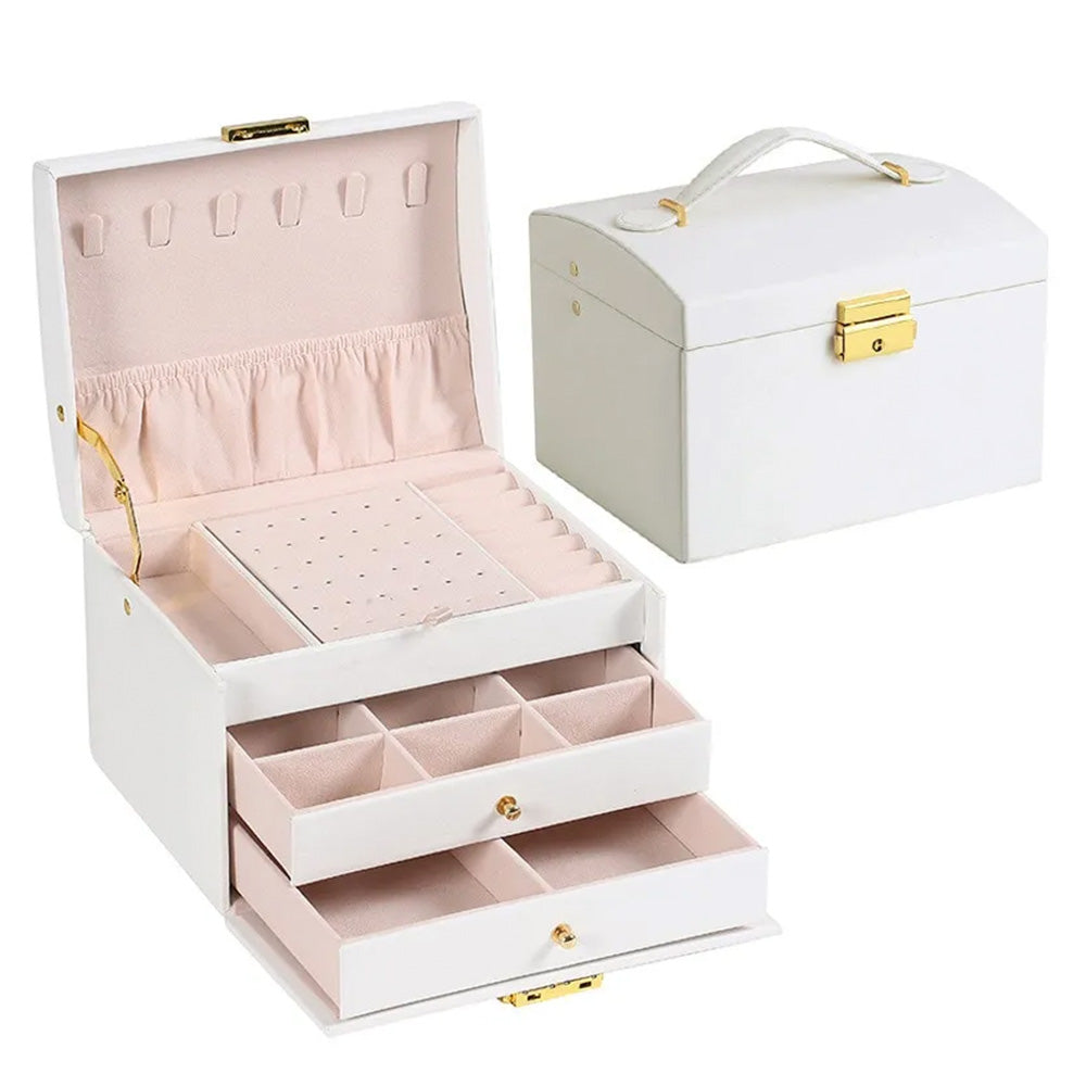 Large Jewelry Earing and Necklace Box Storage Holder Organizer for Women and Guys Case Stand with Drawers and Lock