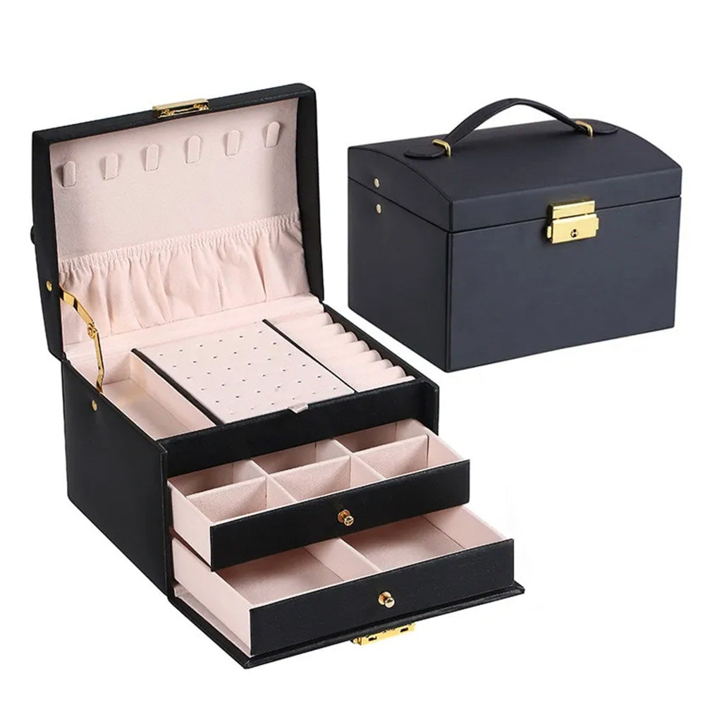 Large Jewelry Earing and Necklace Box Storage Holder Organizer for Women and Guys Case Stand with Drawers and Lock