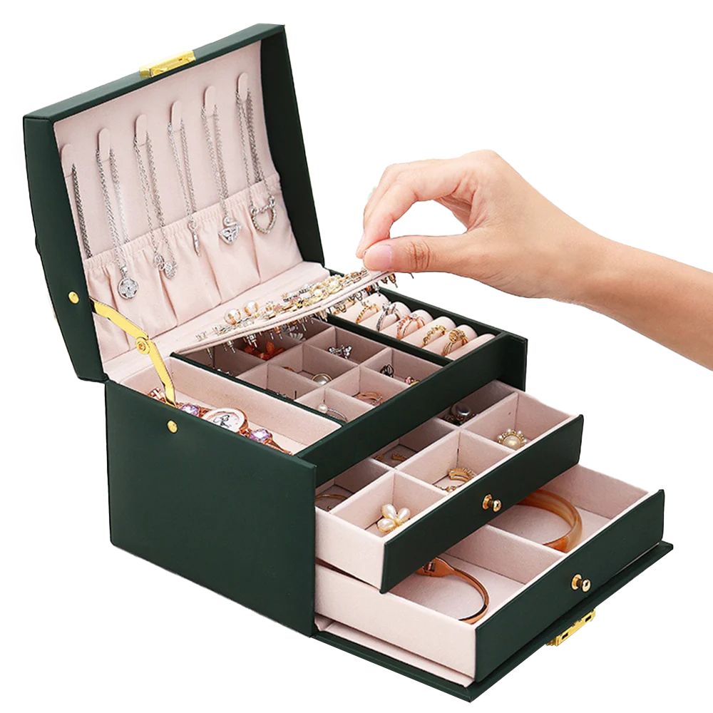 Large Jewelry Earing and Necklace Box Storage Holder Organizer for Women and Guys Case Stand with Drawers and Lock