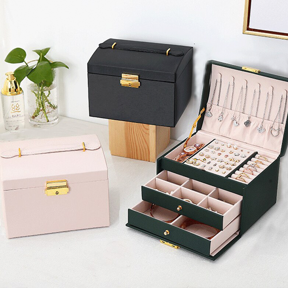 Large Jewelry Earing and Necklace Box Storage Holder Organizer for Women and Guys Case Stand with Drawers and Lock