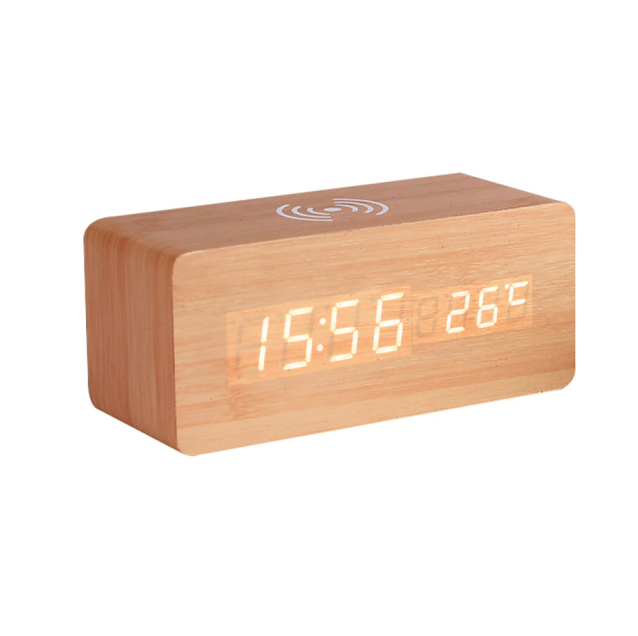 Modern Wooden Alarm Clock Digital LED Charging Pad Alarm Clock Wireless Charger Thermometer