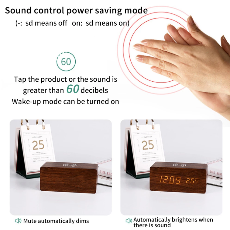 Modern Wooden Alarm Clock Digital LED Charging Pad Alarm Clock Wireless Charger Thermometer