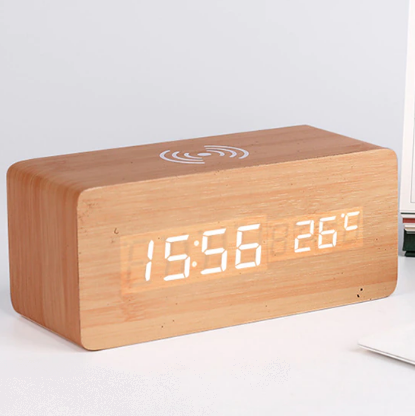 Modern Wooden Alarm Clock Digital LED Charging Pad Alarm Clock Wireless Charger Thermometer