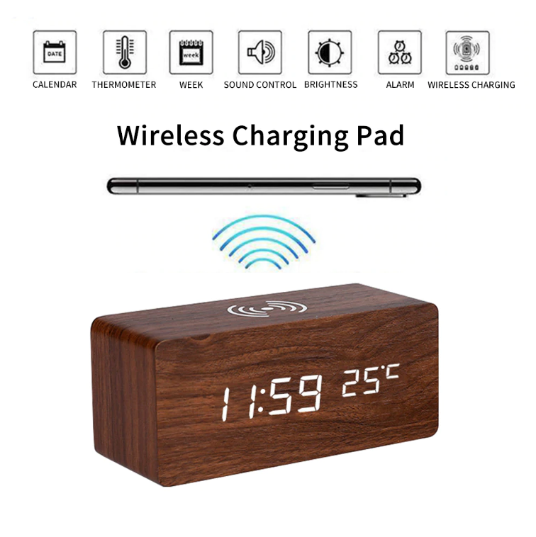 Modern Wooden Alarm Clock Digital LED Charging Pad Alarm Clock Wireless Charger Thermometer