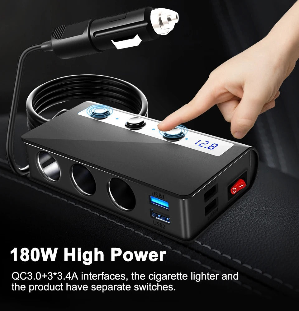 4-Port Car Fast Charger Adapter - Cigarette Lighter Sockets & USB Ports