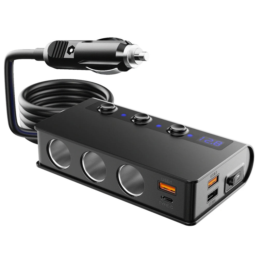 4-Port Car Fast Charger Adapter - Cigarette Lighter Sockets & USB Ports