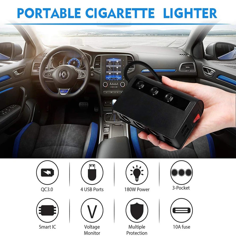 4-Port Car Fast Charger Adapter - Cigarette Lighter Sockets & USB Ports