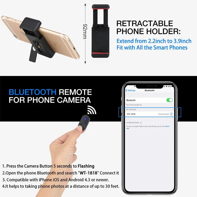 Extendable Phone Tripod with Bluetooth Remote - Versatile Selfie Stick & Stand