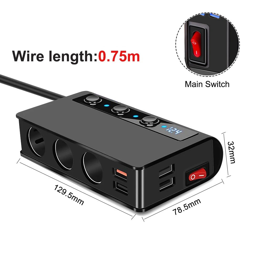 4-Port Car Fast Charger Adapter - Cigarette Lighter Sockets & USB Ports