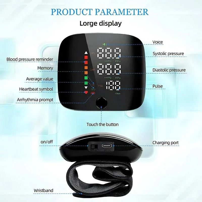 Smart Wrist Blood Pressure Monitor – Electronic Portable Sphygmomanometer with Voice Alerts