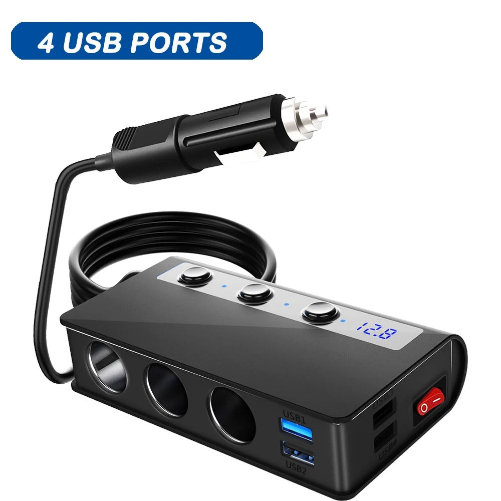 4-Port Car Fast Charger Adapter - Cigarette Lighter Sockets & USB Ports